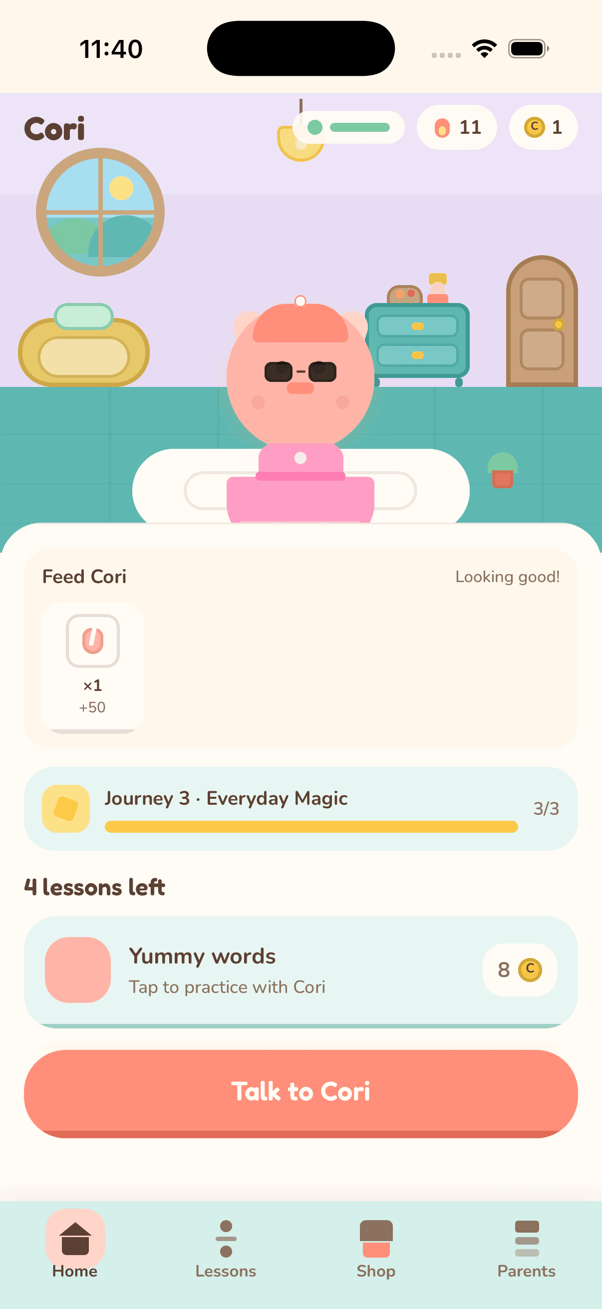 Cori app home screen — Talk to Cori