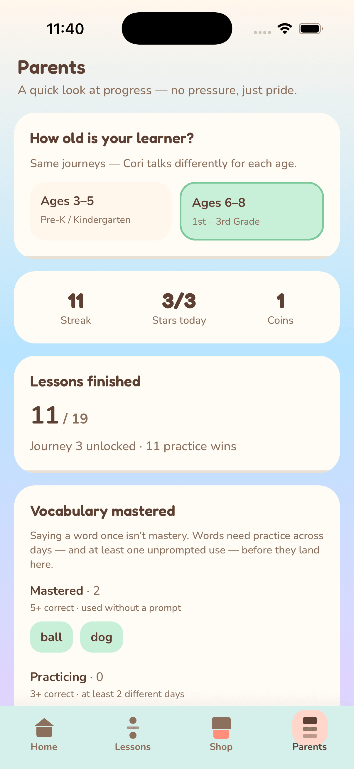Cori parents dashboard with vocabulary mastery